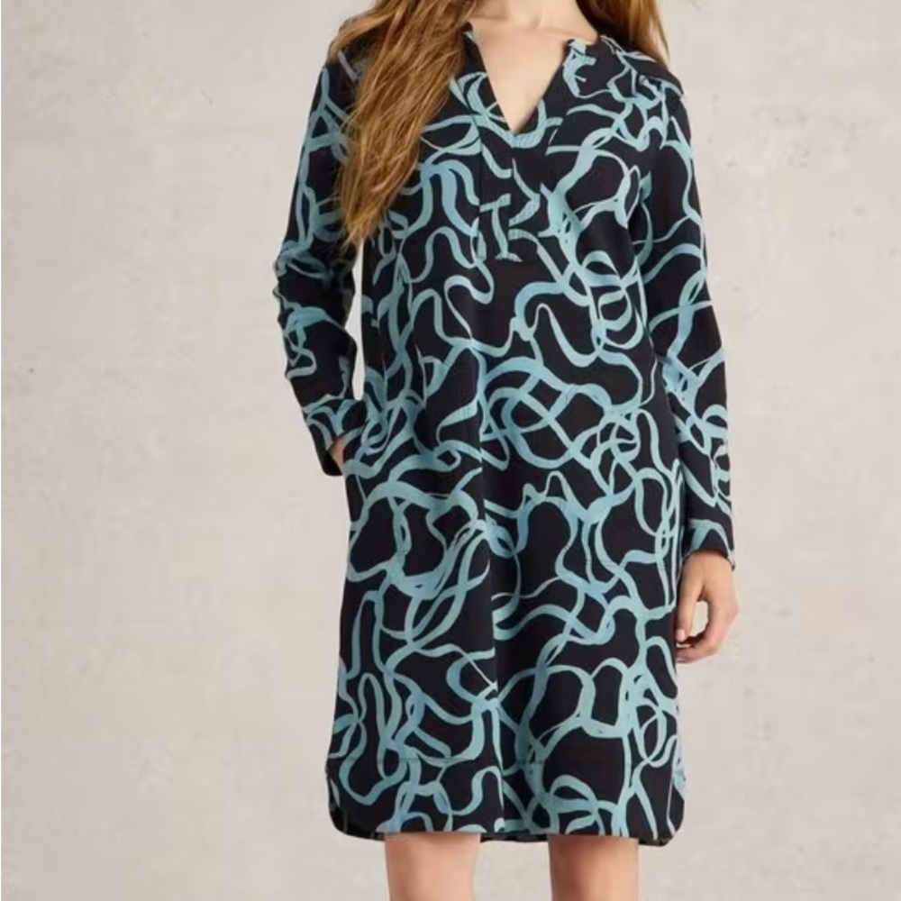 June jersey dress by White Stuff label black and turquoise blue print Size M